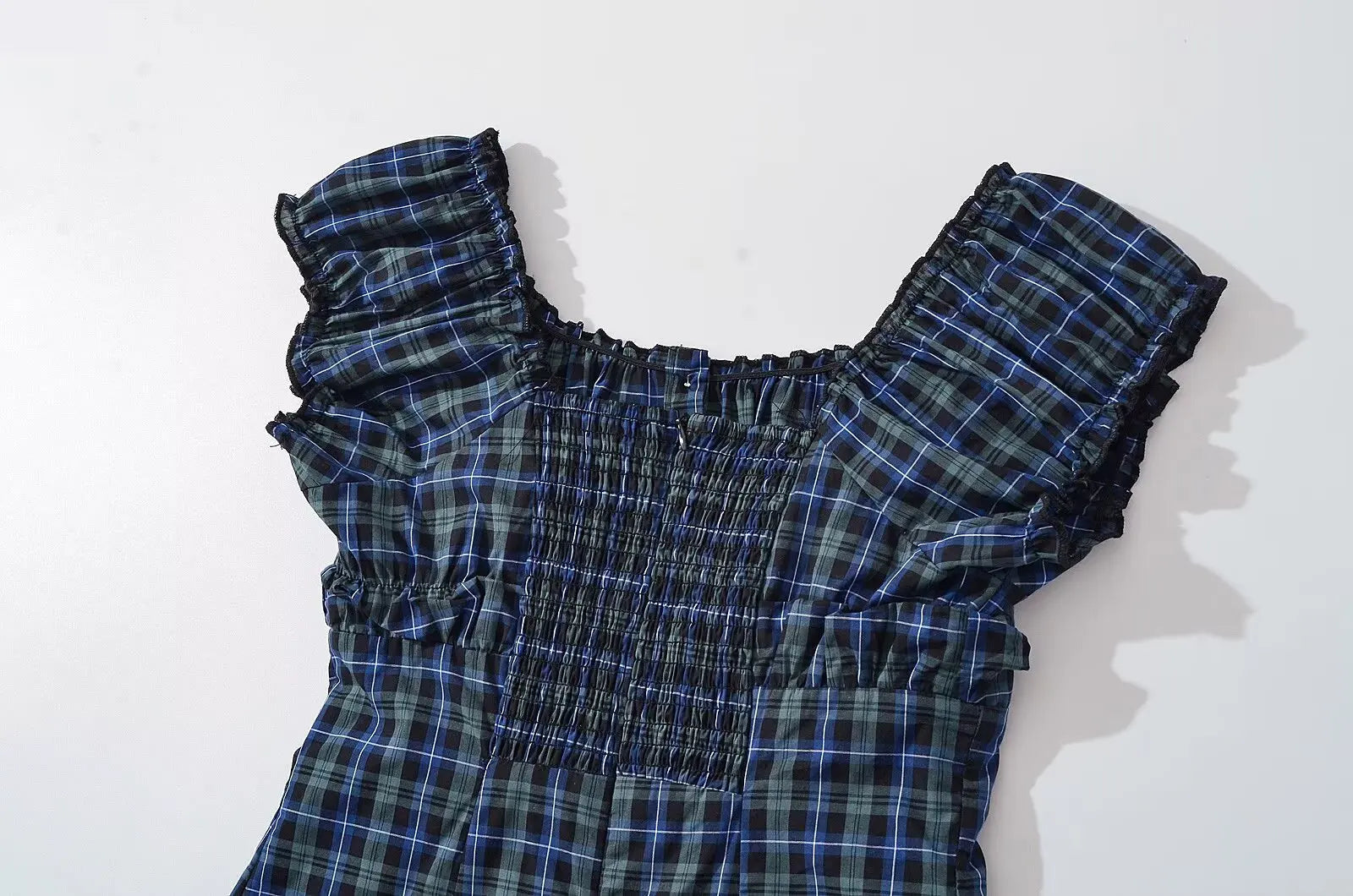Cyflymder  CHIC Contrast Color Plaid Open Buttons Slash Shoulder Mini Dress Women Short Sleeve Slim Waist Dresses Holiday Robe Femme