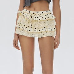 Cyflymder  Women's Y2K Lace Ruffle Bloomers Short Polka Dots Drawstring Tiered Layered Micro Shorts Elastic Waist A-Line Cute Skorts