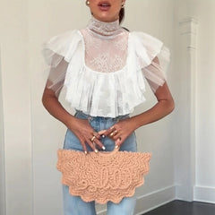 Cyflymder  New short top turtleneck lace mesh lace perspective cascade splicing sexy T-shirt