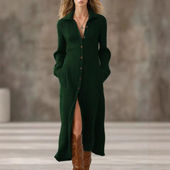 Cyflymder  Women's Knitted Sweater Dress Long Sleeve Turn Down Collar Single Breasted Pockets Slim Solid Elegant Vintage Casual Midi Dress