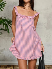 Cyflymder  Sleeveless Square Neck Tie-up Front Frill Trim Short Dress Women s Loose Mini Dress Summer Babydoll Dress with Flattering Fit