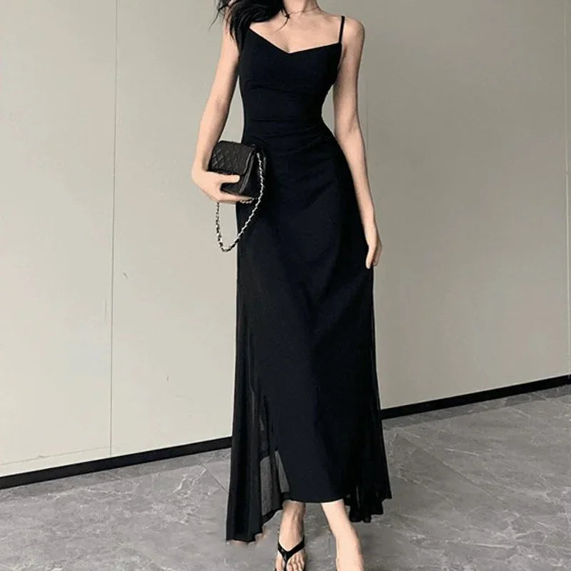 Cyflymder  Sexy V-Neck Spaghetti Strap Dress for Women  Mesh Backless Waist-Tight Party Dresses Woman Elegant Black Sheer Midi Dress