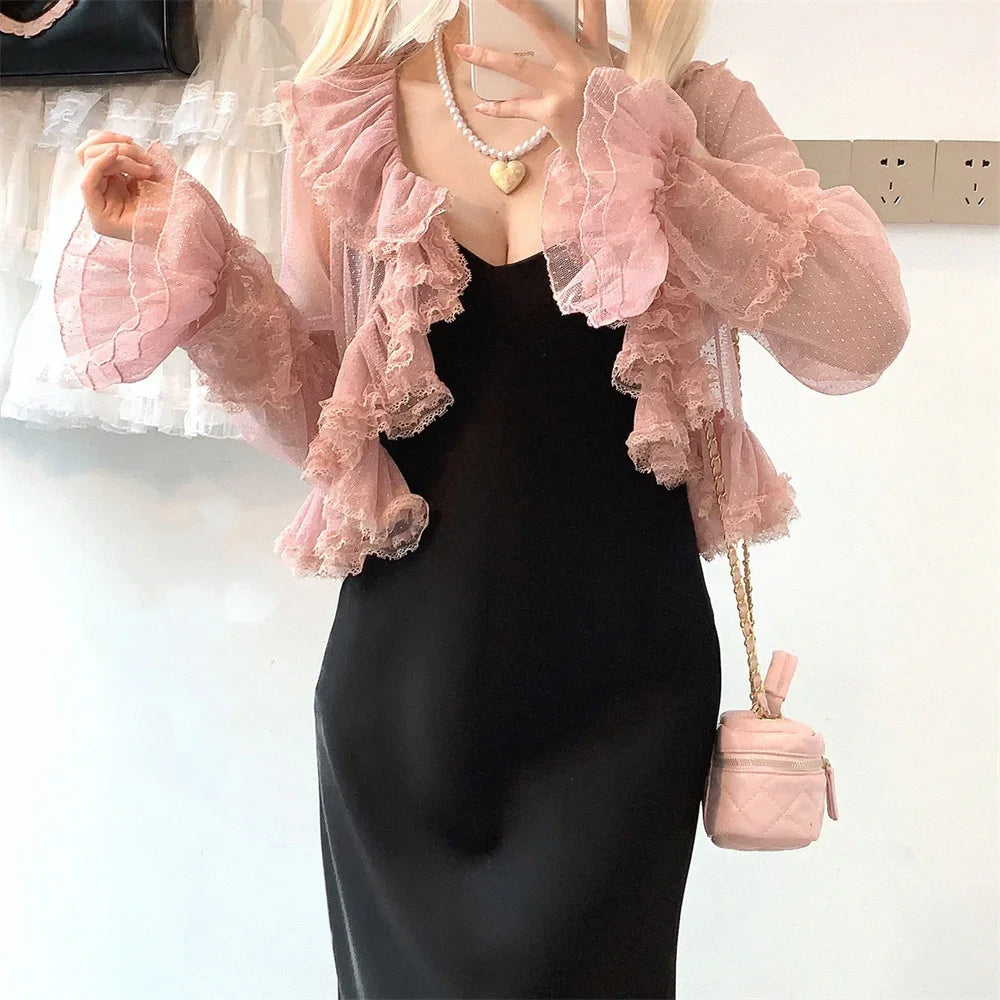 Cyflymder  See Through Long Sleeve Japanese Shrugs Autumn Mesh Ruffle Sweet Cropped Jacket Thin Air Conditioning Shirt Short Sun Protection