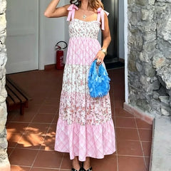 Cyflymder  Women Floral Plaid Tiered Maxi Dress Tie-Shoulder Smocked Bust A-Line Dress Cottage Coquette Wedding Guest Outfit