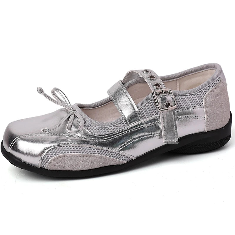 Cyflymder  Spring Silvery Thick Bottom Women Mary Jane Shoes Ladies Casual Shallow Single Leather Shoes Eelgant Round Toe Shoes