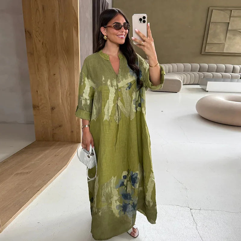 Cyflymder  Button Printed Oversize Midi Dress Women V-neck Fashion Holiday 2025 Autumn Dresses Long Sleeve Tie-dye Street Loose Female Robe