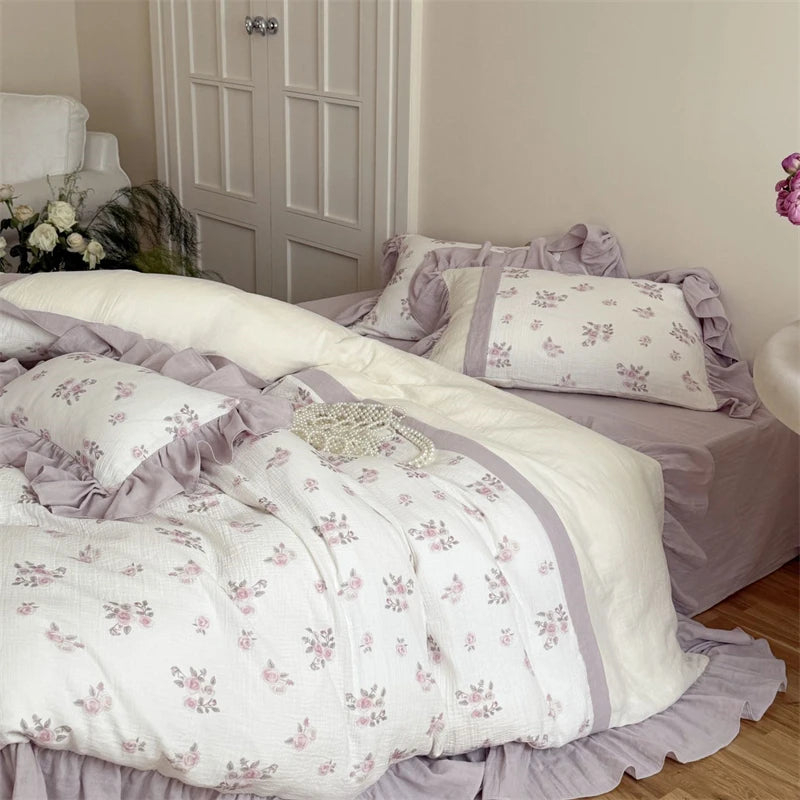 Cyflymder  Flowers Print Lace Ruffles Bedding Set 100% Cotton Double Layer Yarn Soft Duvet Cover Bed Sheet/Fitted Sheet Pillowcases 4Pcs
