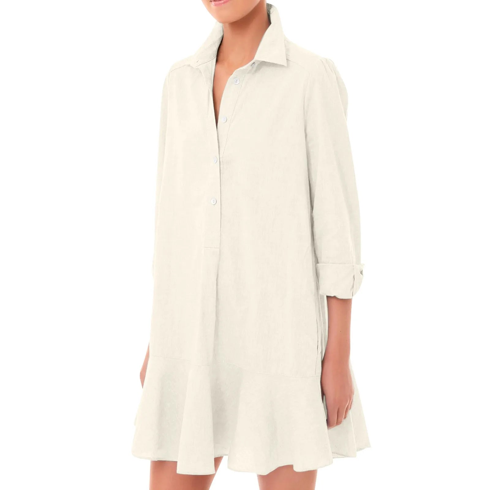 Cyflymder  Fashion Casual Commute Half Open Shirt Hem Ruffle Classic Solid Color 3/4 Sleeve Turn-down Collar Knee Length Dress For Ladies