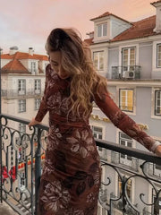 Cyflymder  Flower Printed Mesh Party Dress Long Sleeve Brown Maxi Dresses for Women Backless Elegant Beach Casual New Vestidos