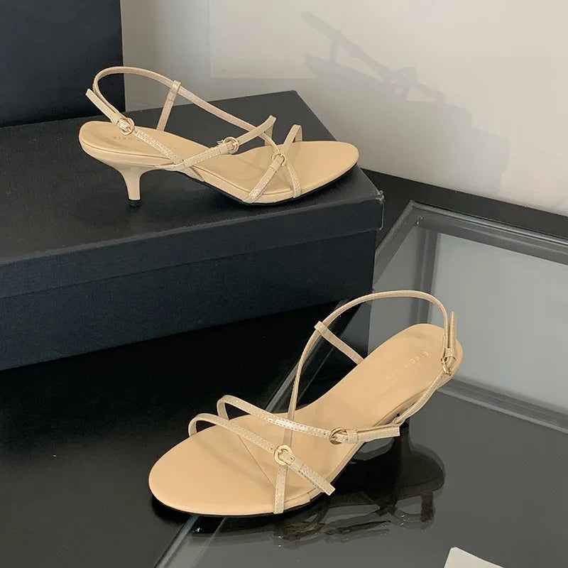 Cyflymder  Clear Heels Open Toe Low Sandals Woman Leather Female Shoe Ankle Strap All-Match 2025 Summer Med Peep Low-heeled Girls Fashion B