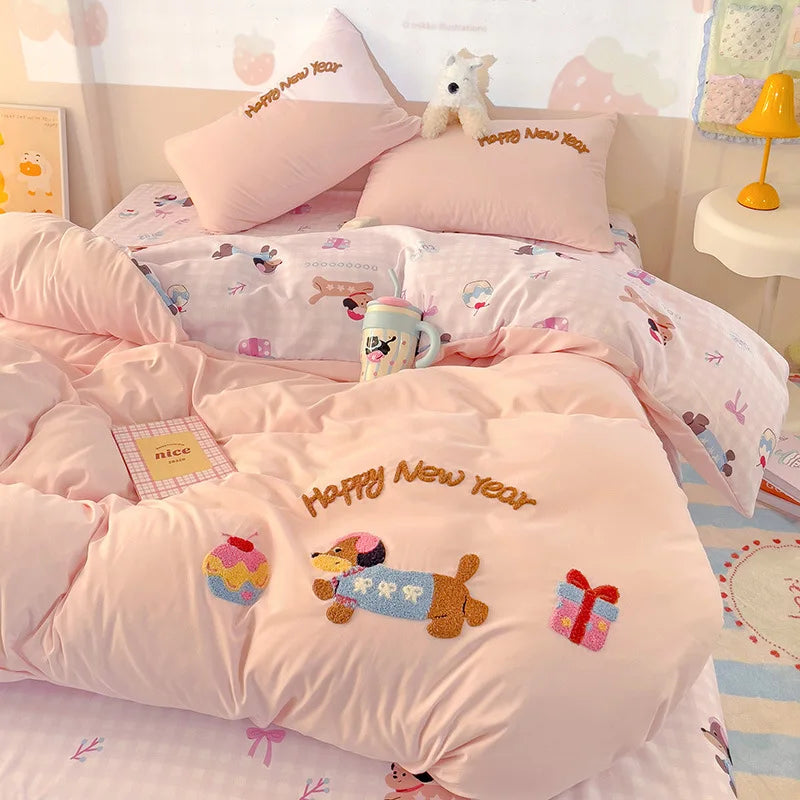 Cyflymder  Cartoon Printed Cloud Cotton Bedding Soft Set Sweet Washed Skin-Friendly Bedclothes Sets Single Textile Supplies for All Seasons