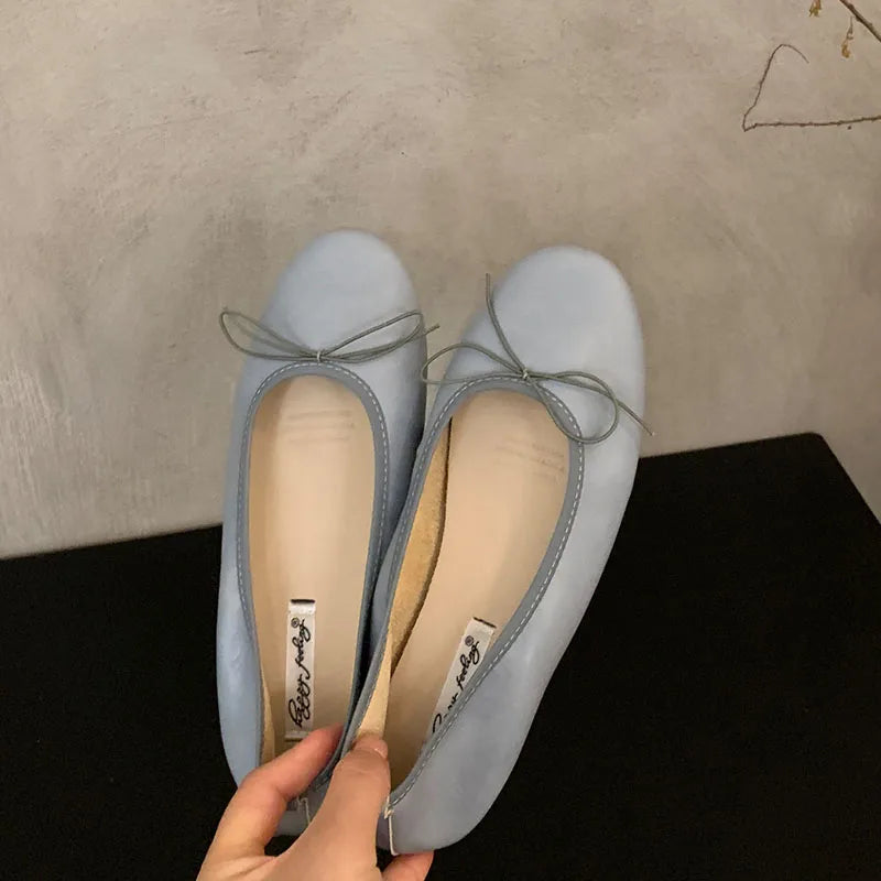 Cyflymder   Fashion Round Toe Flats Shoes Women Shallow Ballerina Female Bow Knot Ballet Comfy Leather Loafers Elegant French Chic Footwear