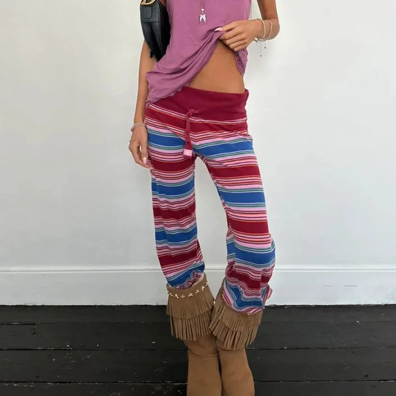 Cyflymder  Women High Waist Wide Leg Pants Drawstring Low Rise Lounge Pants 2000s Vintage Trousers Striped Y2K Pants Stretch Yoga Bottoms