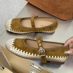Cyflymder  New Woven Splicing Flats Women Faux Suede French Style Round Toe Buckle Mary Jane Shoes Comfort Shallow Designer Shoes Loafers