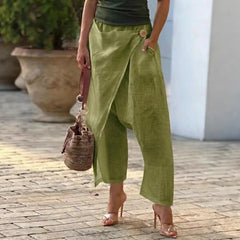 Cyflymder  Women's Baggy Pants Cotton Linen Harem Woven Trousers High Waist Pocket Crop Pants Wrap Front Cropped Wide Leg Pants Solid