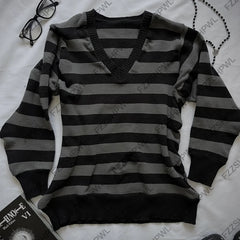 Cyflymder  Vintage vibe Stripe V-neck Women Y2k Knitted sweater Grunge Gothic Trend Pullover Fashion Punk Streetwear Long sleeve Knitt Top