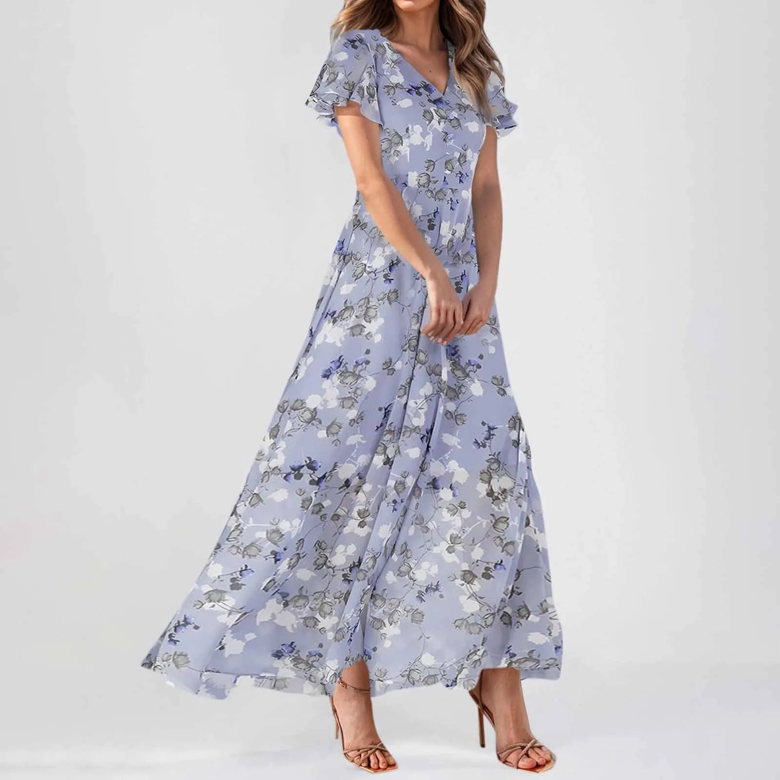 Cyflymder  Summer Beach Style Women'sFloral Dresses Casual Short Sleeve Maxi Long Shirts Floral Maxi Dresses Wedding Guest Flowing Dresses