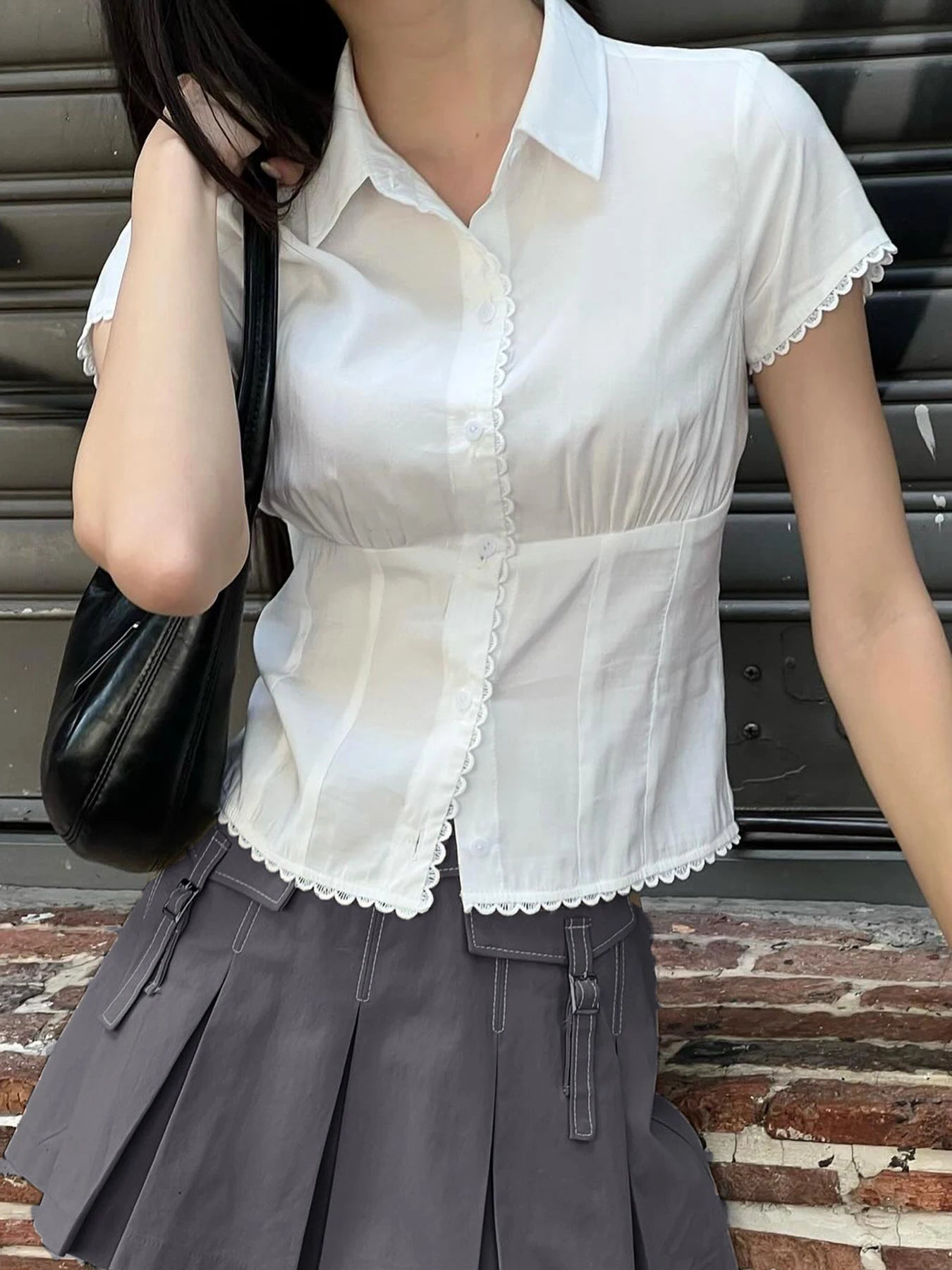 Cyflymder  Prepppy Style Casual Solid Lace Trim Blouse Slim Turn Down Collar Short Sleeve Shirts Women Summer Fashion Ladies