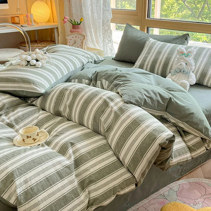 Cyflymder  Class A 100% Cotton Striped Bedding Sets Yarn Dyed Washed Cotton Breathable Duvet Cover Kit Single Bedclothes for All Seasons