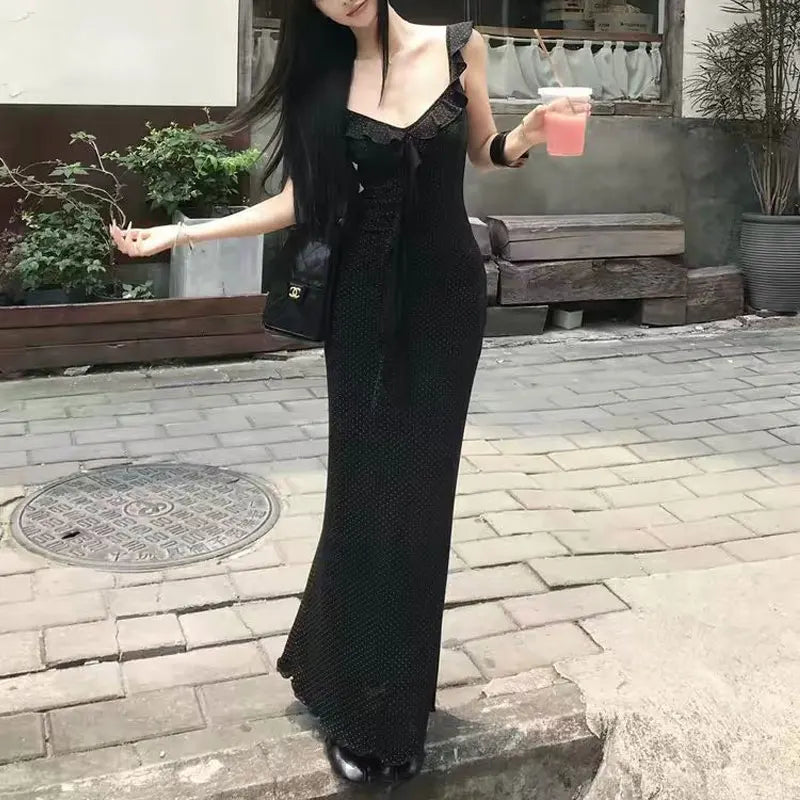Cyflymder  Fashion Ruffles Spliced Slim Slip Long Dress Women's Clothing Polka Dot Summer New Aura Sleeveless Elegant Waist Bag Hip Dresses