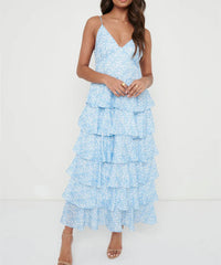 Cyflymder  Women Floral Print Long Dress V-Neck Tiered Ruffles Sleeveless Cami Dress Summer Casual Beach Party Dress