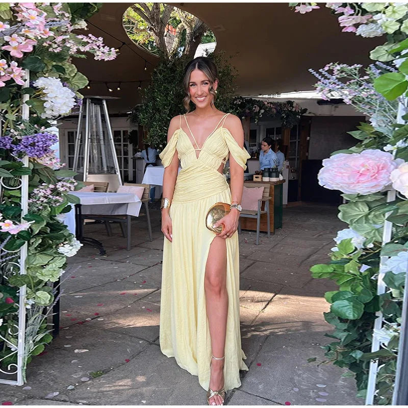 Cyflymder  Deep V-neck Backless Long Dresses For Women Off Shoulder Ruched Pleated High Split Party Dresses Summer Chic New Lady Robes
