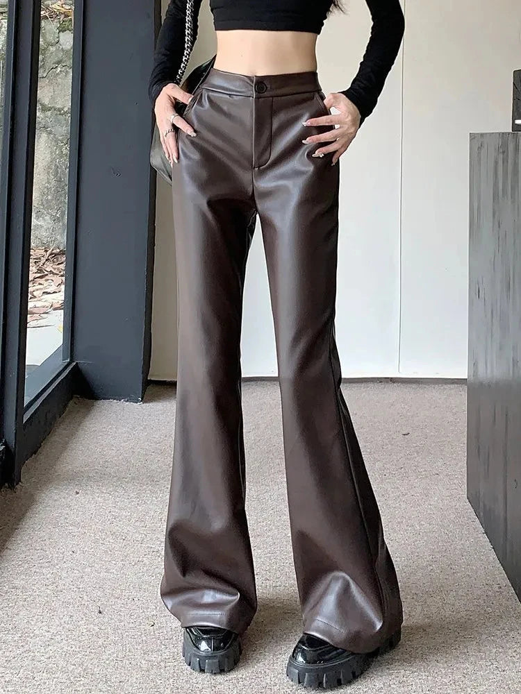 Cyflymder  Streetwear Moto Pu Flare Pants Women High Waist Slim Vintage Trousers Harajuku Casual American Retro Female Autumn Pants