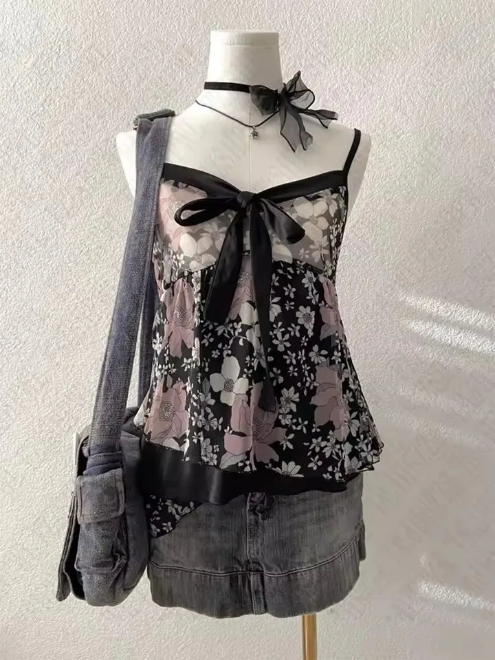 Cyflymder  New Fashion Summer Euramerican Harajuku Punk Tank Tops Y2k Constrast Color High Street Print Girl Camisole Pleated Clothes