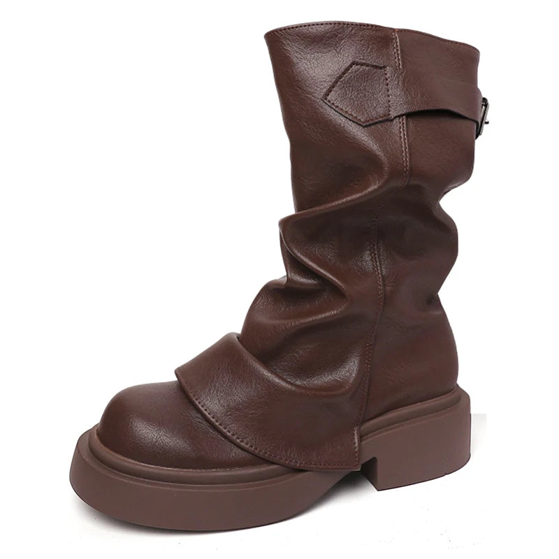 Cyflymder  Autumn Vintage Thick Bottom Woman Knight Boot Fashion Belt Buckle Ladies Concise Slip On Short Booties