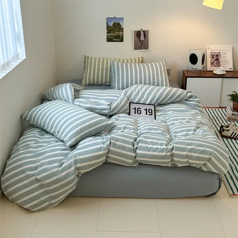 4Pcs Light Luxury Striped Washed Cotton Bedclothes Set Smooth Skin Friendly Soft Bed Sheet Set Home Textile Supplies for Adults
