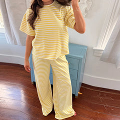 Cyflymder  Women Striped 2 Piece Loungewear Set Crew Neck Short Sleeve Crop Top Wide Leg Pants Girl Summer Pajama Casual Outfit