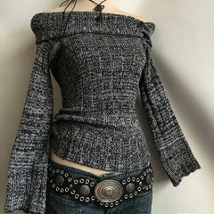 Cyflymder  Y2K Women's New Off Shoulder Sweater Fashion Side Button Long Sleeve Punk Slimming Retro Hoodie High Street Gothic Street