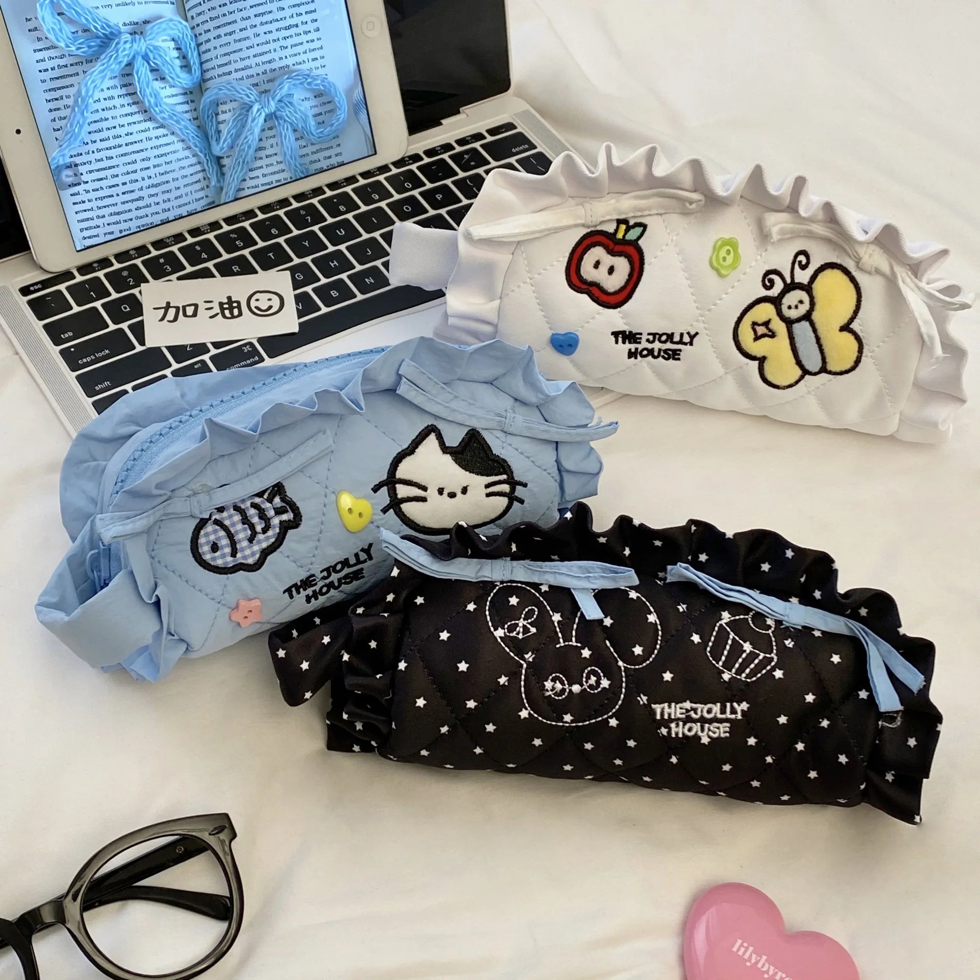 Cyflymder  Korean Fashion Ruffle Pencil Case for Kids Girl Sweet Cartoon Bunny Kitten Stationery Organizer Kawaii Pen Pouch Back To School