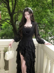 Cyflymder  Sexy Elegant Dark Camisole Dress Set Women Sheer Sleeves Lace Trim Ruched High Ruffle Hem Slim Fit Long Dress Elegant Outfit