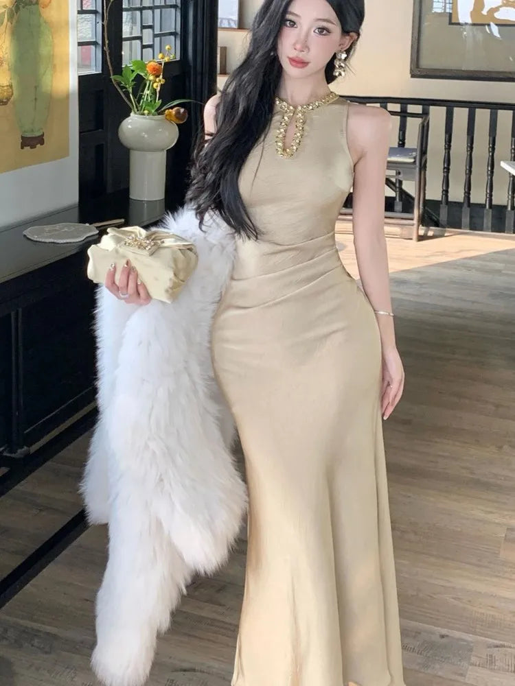 Cyflymder  Elegant Gold Sleeveless Long Dress V-Neckline Events Evening Parties Luxurious woman dresses  Hot Sexy Flowy Clothing