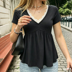 Cyflymder  Women’s Black Lace Trim Babydoll Top Y2K Aesthetic V Neck Short Sleeve Peplum Blouse Cute Slim Fit Casual Going Out Soft T-shirt