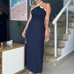 Cyflymder  Women Elegant Backless Split Lace Up Long Dress Casual Contrast Color Halter Party Dress Sexy Off Shoulder Sleeveless Slim Robes