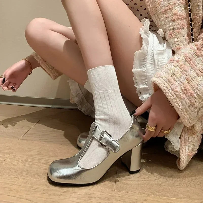 Cyflymder  Fashion  Janes Women's High Heels Concise Dress Pumps  High Chunky Heels Buckle Strap