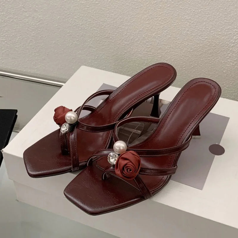 Cyflymder  Wine Red Flowers Pearl Women Slippers Sandals Fashion Square Open Toe Thin High Heels Mules Slides Summer Party Dress Shoe