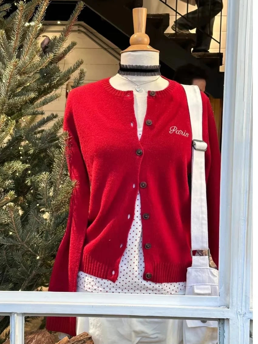 Cyflymder  Christmas Red Knitted Sweater Cardigan Autumn Round Neck Single Breasted Cotton Knitwear Casual Vintage Chic Y2K Sweaters Coat