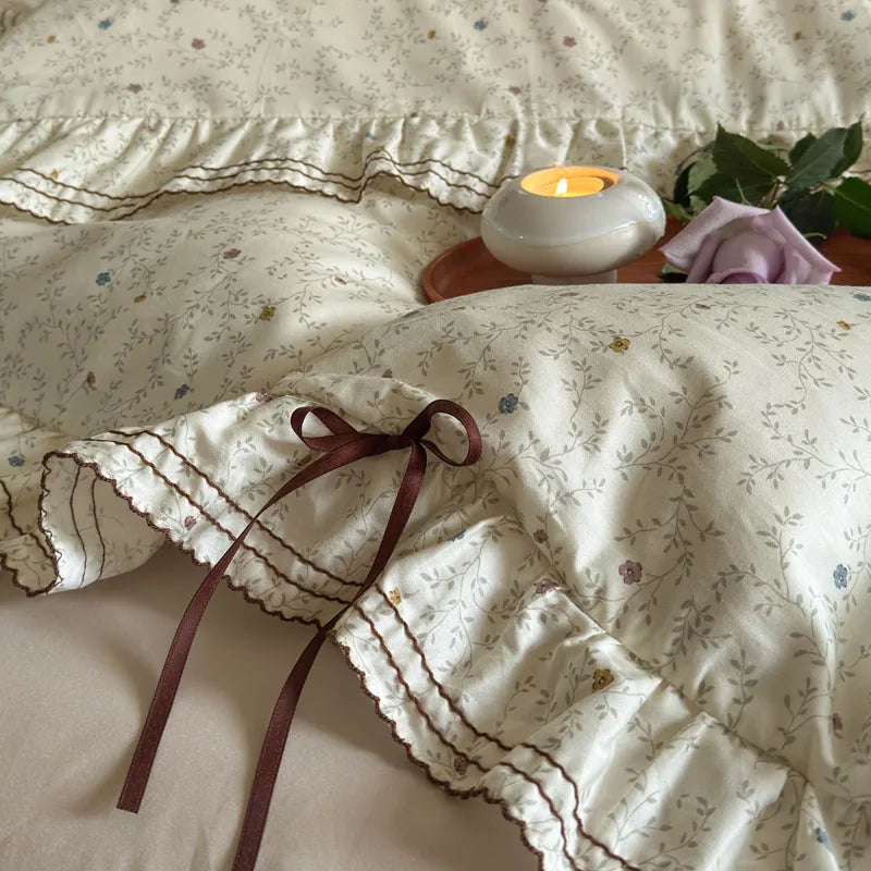 Cyflymder  100% Cotton Pastoral Floral Print Ruffles Bow Princess Bedding Set Queen King Duvet Cover Set Bed Sheet/Fitted Sheet Pillowcases