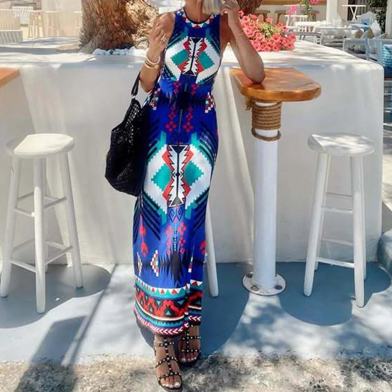 Cyflymder  New Elegant O-neck Bohe Vacation Dress Women's Fashion Pattern Printed Beach Long Dress Casual Sleeveless Slim Fit Party Dresses