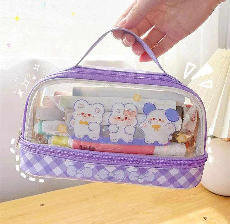 Cyflymder  Cute Transparent Pencil Case Kawaii Bunny Bear Pencil Pouch 2- Layer High Capacity Waterproof Protable Stationery Storage Bag