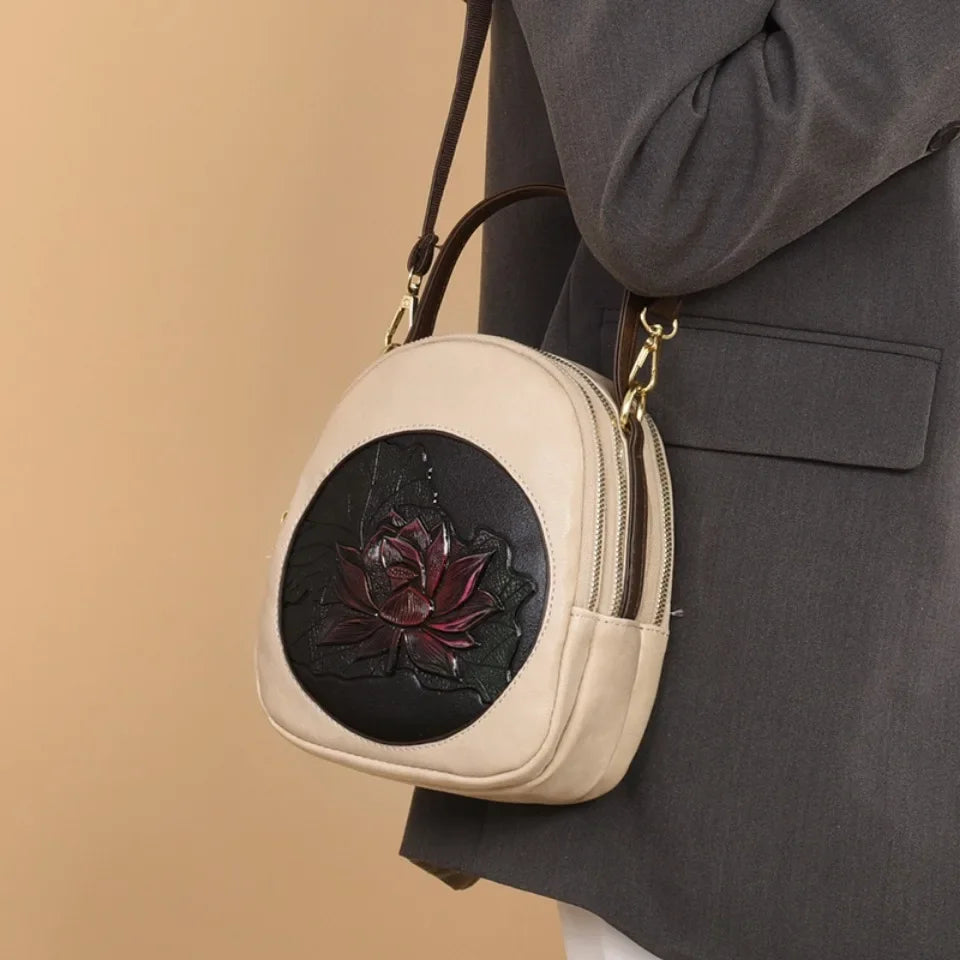 Cyflymder  Luxury 3-Layer Pockets PU Leather Women's Leisure Shoulder Bag and Purses Fashionable Lotus Pattern Crossbody Bag Ladies Sac