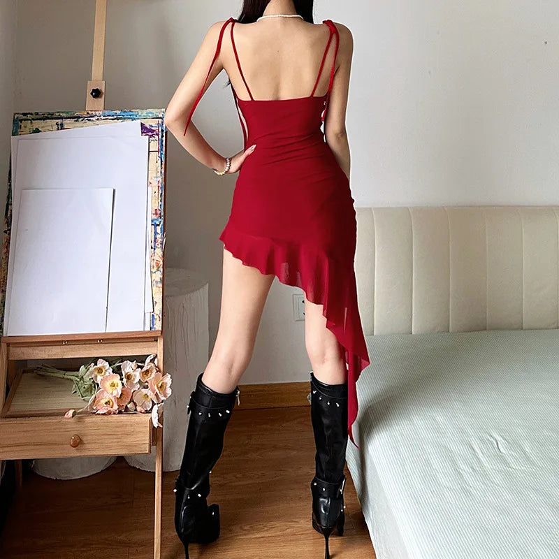 Cyflymder DRESS TO IMPRESS New Retro Summer Sexy Spicy Girl Thai Dress Fashion Irregular Niche Design Women Group Ruffled Edge Red Ribbon Mini Dresses