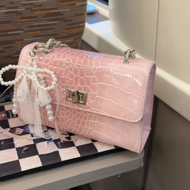 Cyflymder  Hot Girl Sweet Bow Handbag Women Premium Crocodile Texture  Leather Shoulder Bag Ladies 2025 New Y2K Aesthetic Crossbody Purse