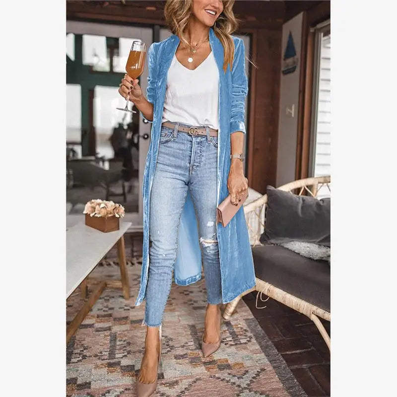 Cyflymder  Spring Autumn New Faion Loose Velvet Elastic Mid-Length Open Cardigan Coat Women's Versatile Straight Tube Polyester Fiber