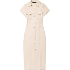 Cyflymder  Elegant retro slim denim dress women's V-neck short-sleeved waist dress summer fashion high street straight dress