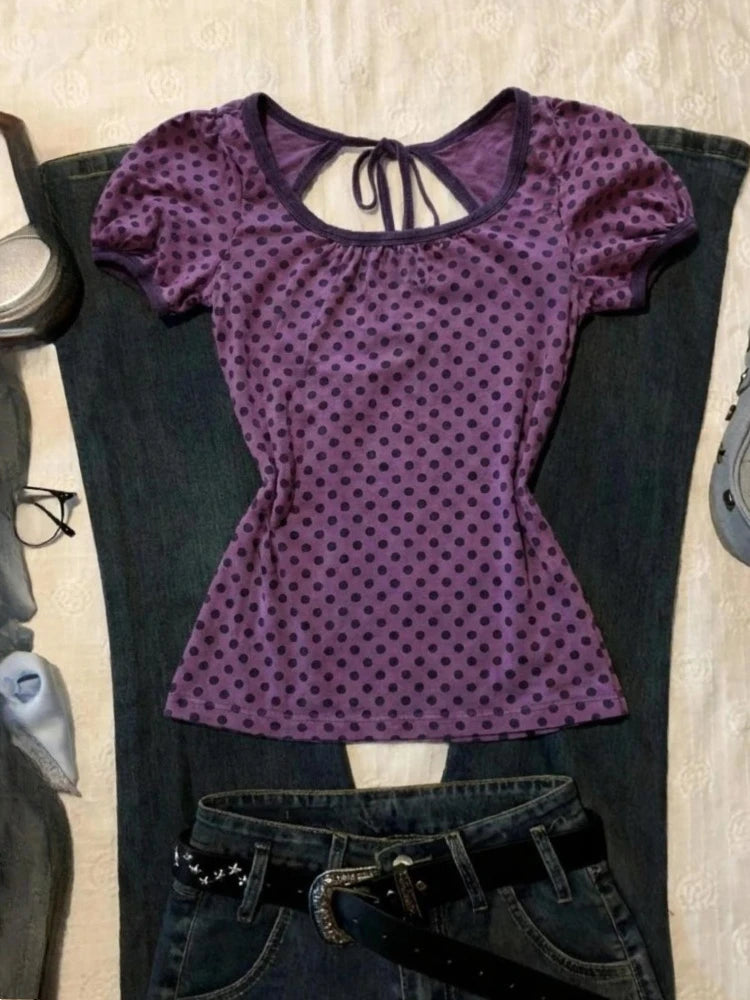 Cyflymder  American Pure Sweet Purple Polka-dot Print Tops Women Backless Lace-up Bubble Sleeves Slim T-shirt New Sexy Y2k Clothing Summer