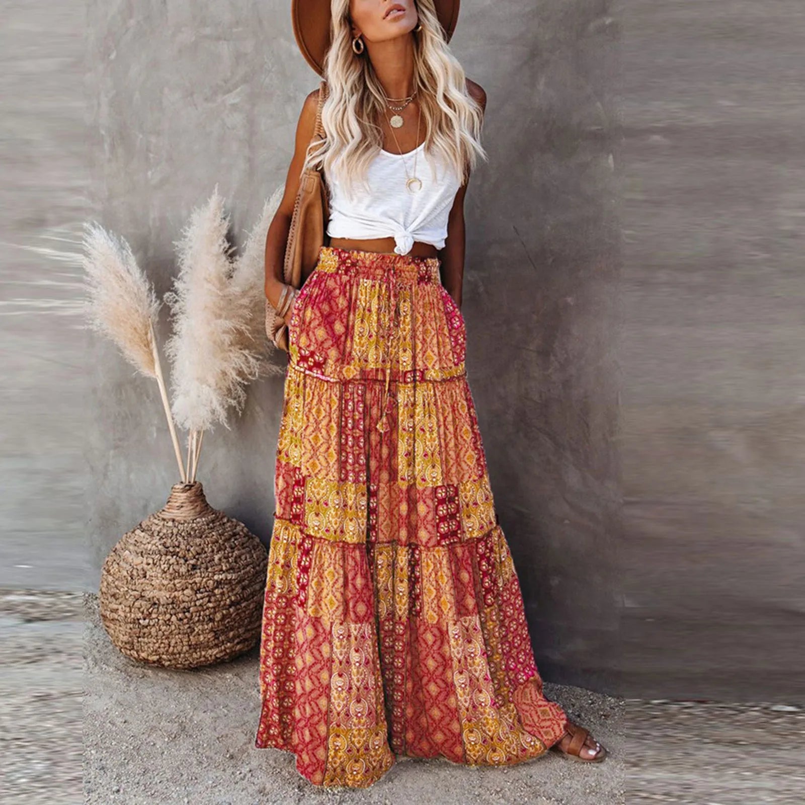 Cyflymder  Ladies’ Fashion Bohemian Flower Printing Elastic Waist Pleated Skirt Loose Casual Vintage High Waist Tie A-Line Long Skirt